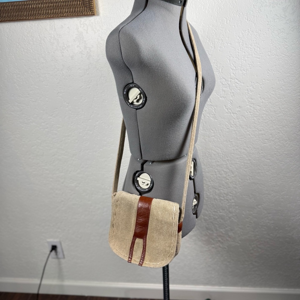 The Village Experience Tan Cotton Canvas Leather Trim Crossbody Bag